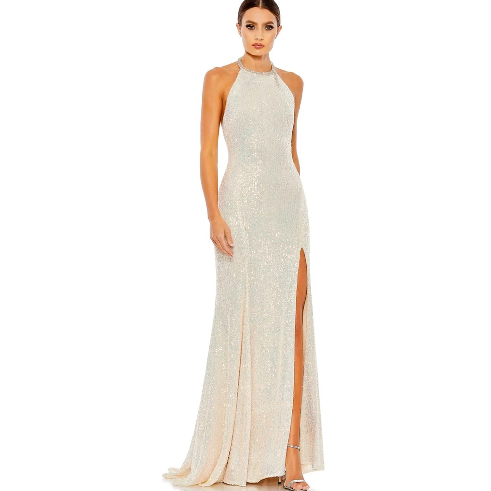 Ieena for MacDuggal Sequin High Neck Halter Backless Gown Size 16